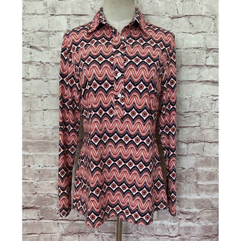 Ellie Kai Womens Coral Print Long Sleeve Collared Popover Shirt Blouse Size 8